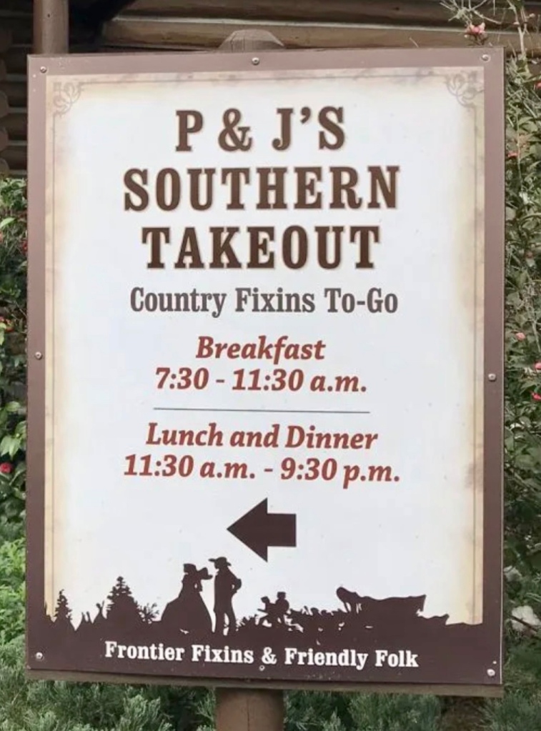 P and J the quick service restaurant sign at the Campgrounds of Disney’s Fort Wilderness Resort